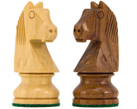 Down Head Sheesham chess knights in natural Boxwood and Sheesham Wood with green felted bases.