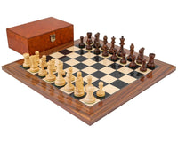 Supreme Rosewood Chess Set with Burl Wood Case on 18 inch board, Staunton design, solid rosewood pieces, with storage case.