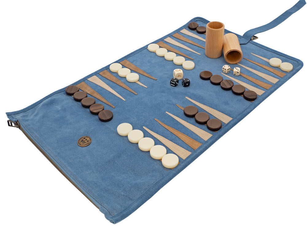 Manopoulos Suede Roll-Up Travel Backgammon Set - Raf Blue