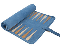Manopoulos Suede Roll-Up Travel Backgammon Set - Raf Blue