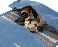 Manopoulos Suede Roll-Up Travel Backgammon Set - Raf Blue