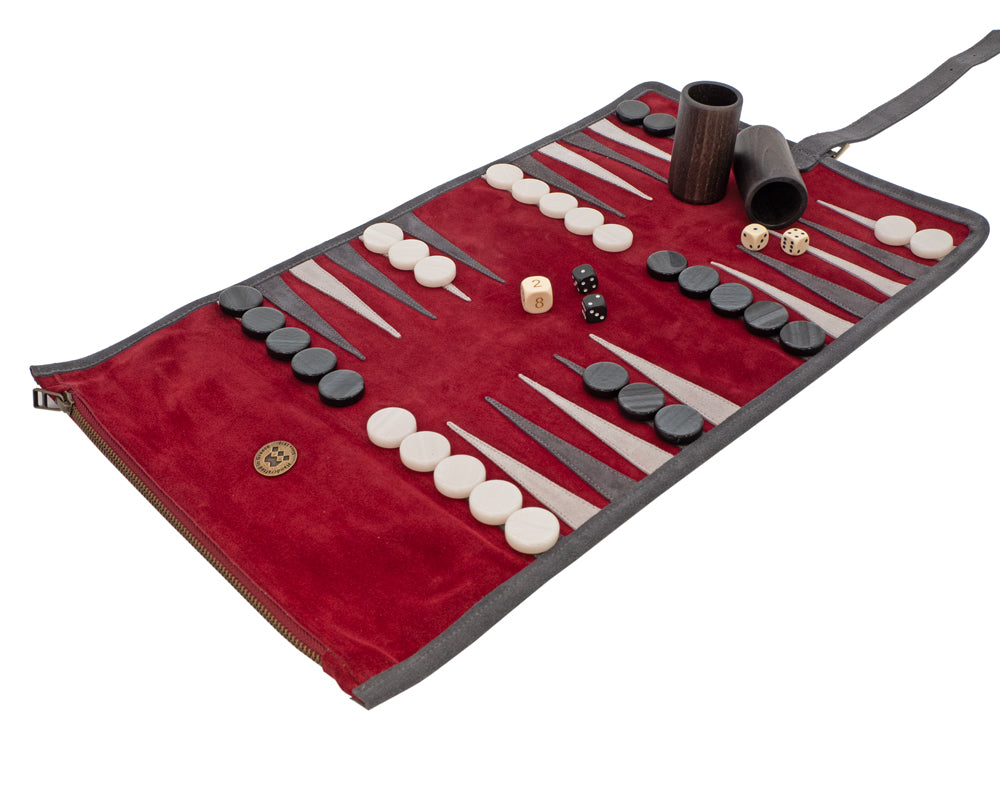 Manopoulos Suede Roll-Up Travel Backgammon Set - Burgundy