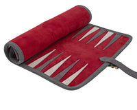 Manopoulos Suede Roll-Up Travel Backgammon Set - Burgundy
