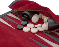 Manopoulos Suede Roll-Up Travel Backgammon Set - Burgundy